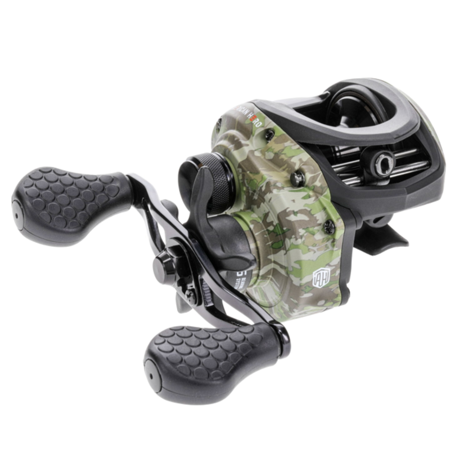 Fishing reel with camouflage pattern on a white background