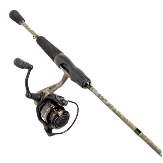 Fishing rod and reel set with camouflage pattern on a white background