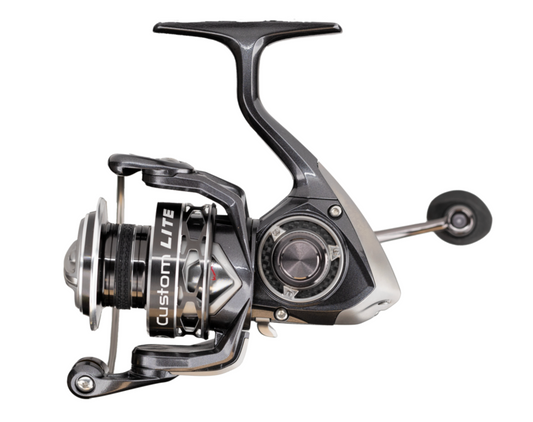 Fishing reel with 'Custom Lite' branding on a white background