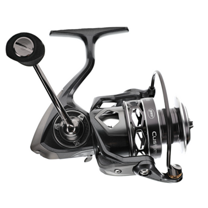Fishing reel with visible brand name on a white background