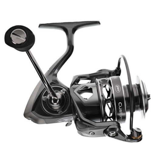 Fishing reel with visible brand name on a white background