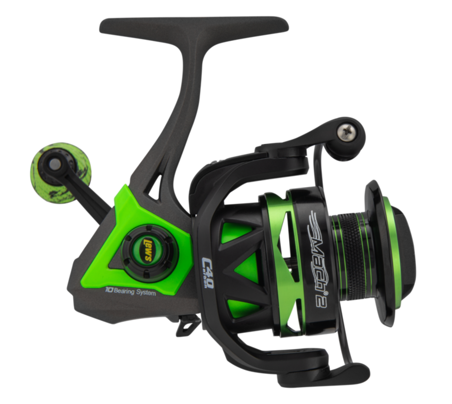 Green and black fishing reel on a white background