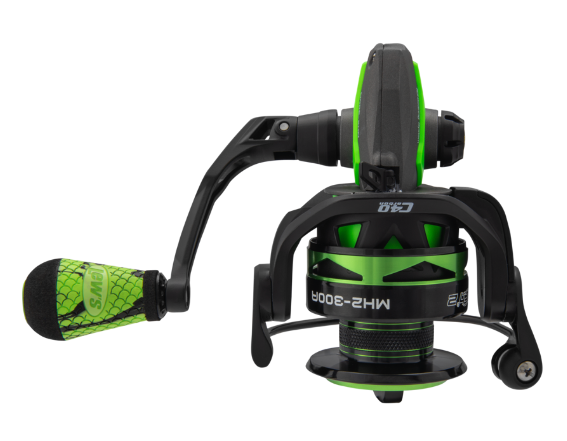 Green and black fishing reel on a white background