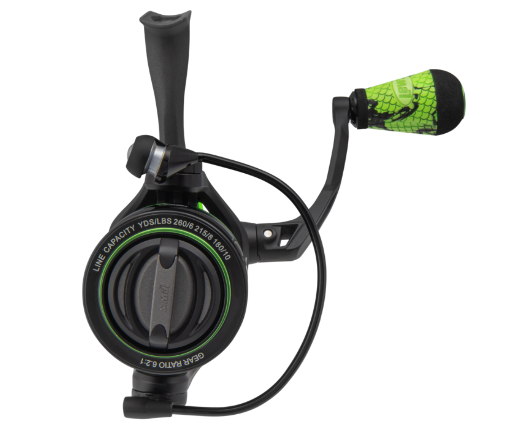 Green and black fishing reel on a white background