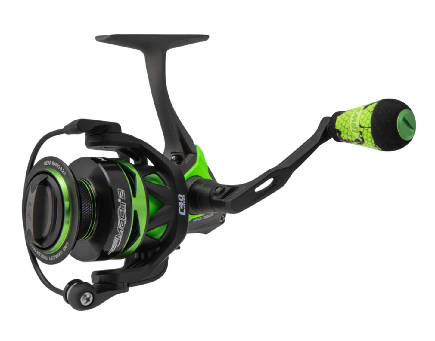 Green and black fishing reel on a white background