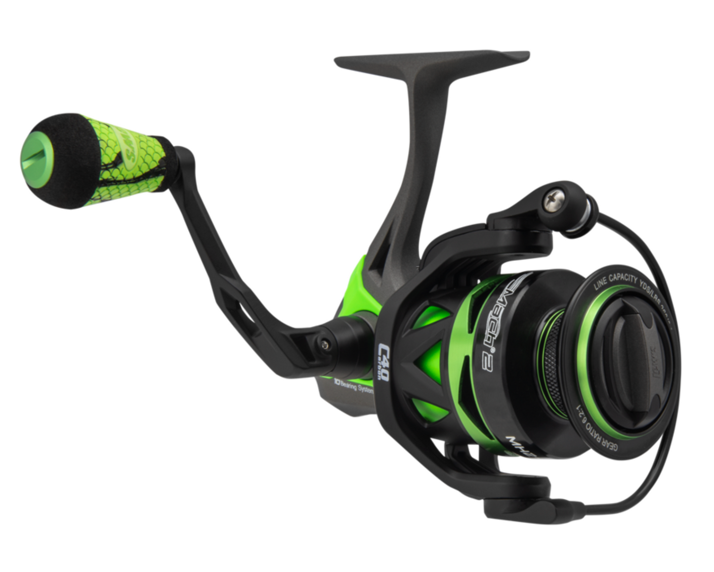 Green and black fishing reel on a white background