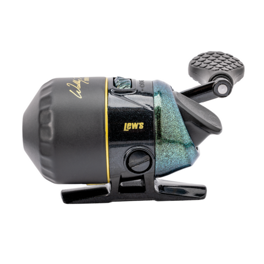 Fishing reel with 'Lewis' branding on a white background