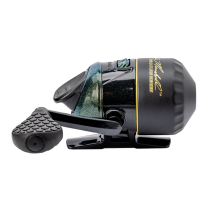 Black fishing reel with visible brand name on a white background