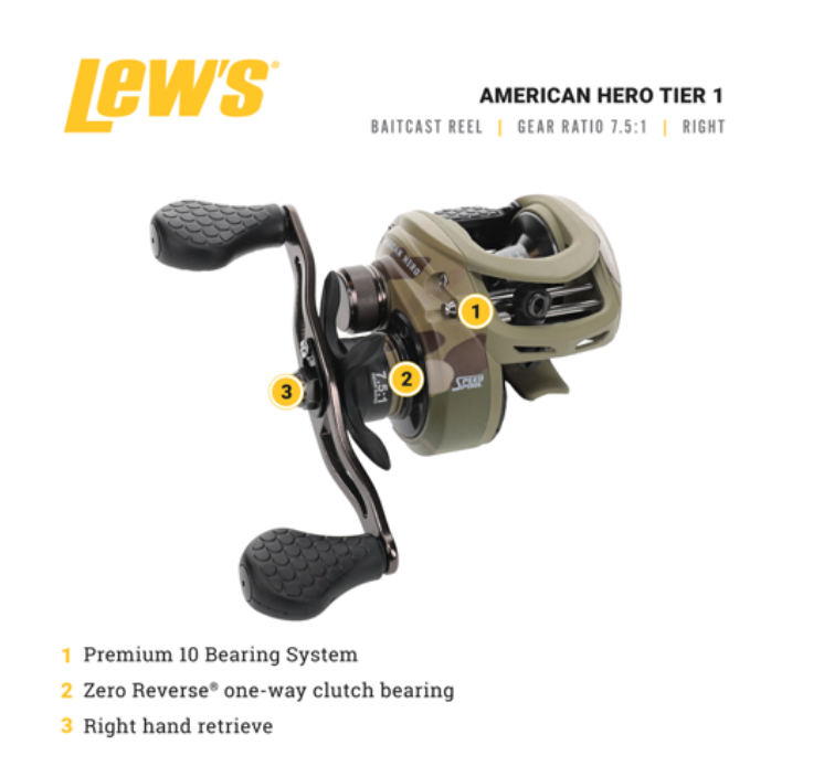 LEW'S AMERICAN HERO TIER 1 BAITCAST REEL RH 7.5:1