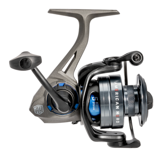 Fishing reel with 'American Hero' branding on a white background