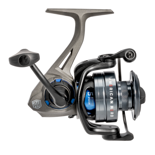 Fishing reel with 'American Hero' branding on a white background
