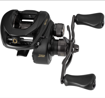 Black fishing reel on a white background