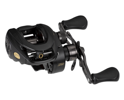 Black fishing reel on a white background