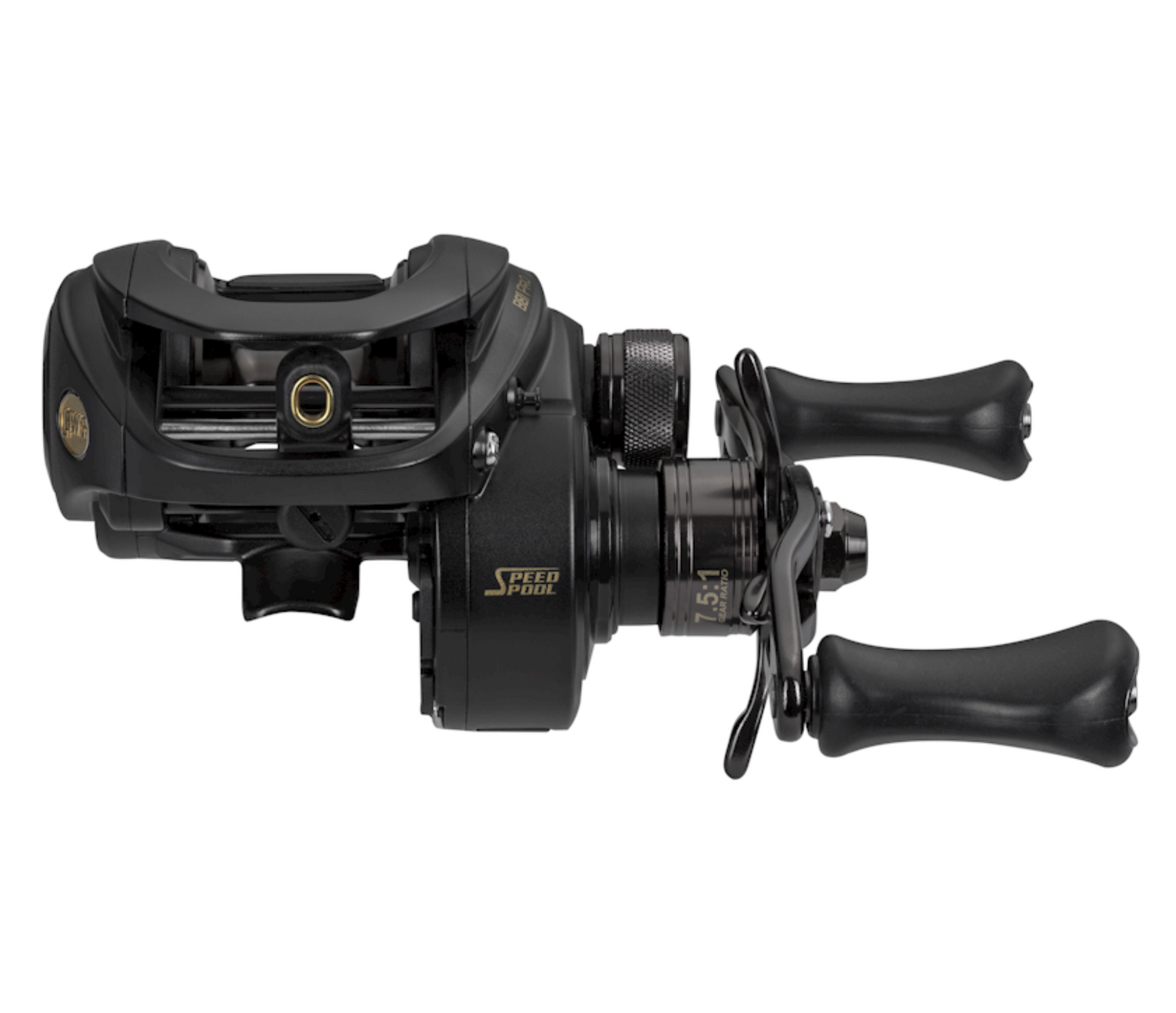 Black fishing reel on a white background