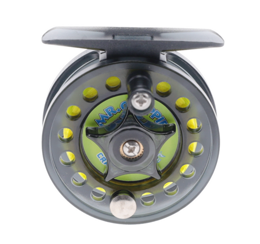 Fishing reel with visible branding on a white background