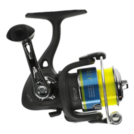 Fishing reel with a spool of line on a white background
