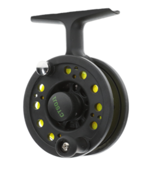 Black fly fishing reel with yellow accents on a white background