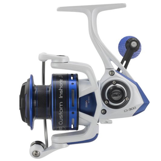 Fishing reel with blue and white design on a white background