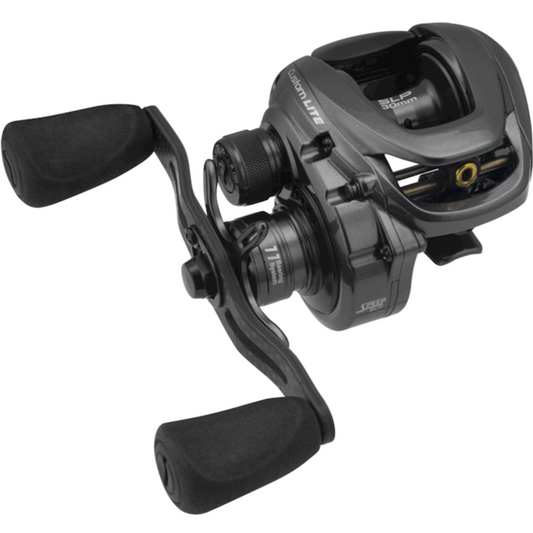 Fishing reel with black and gray design on a white background