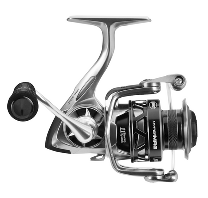 Fishing reel with metallic and black design on a white background