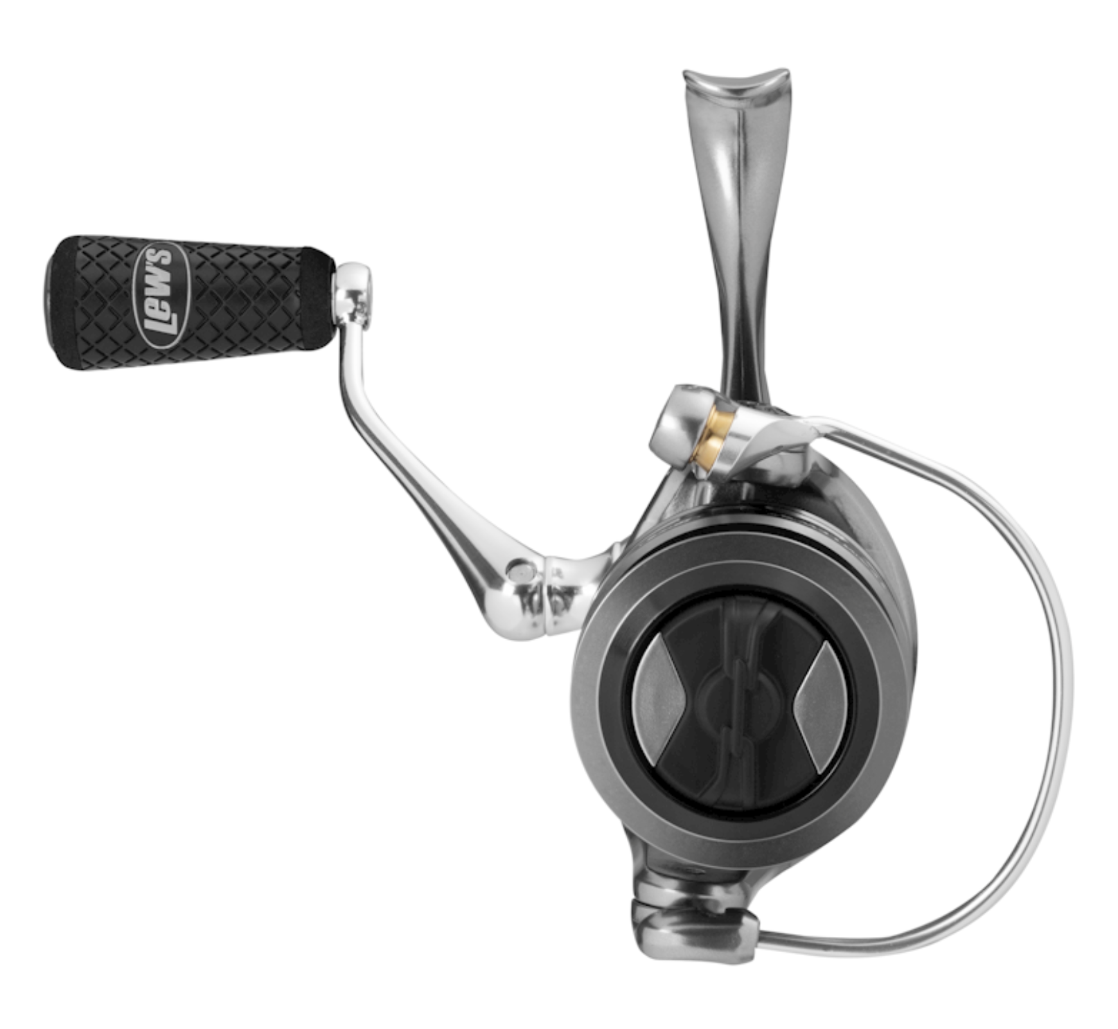 Fishing reel with metallic finish and black handle on a white background