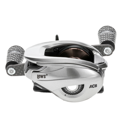 Fishing reel with black and silver design on a white background