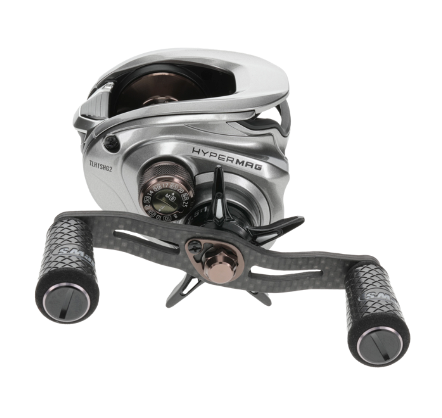 Fishing reel with black and silver design on a white background