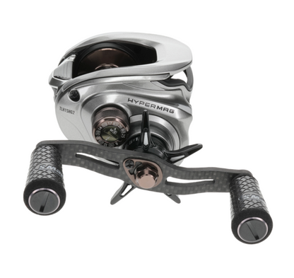 Fishing reel with black and silver design on a white background