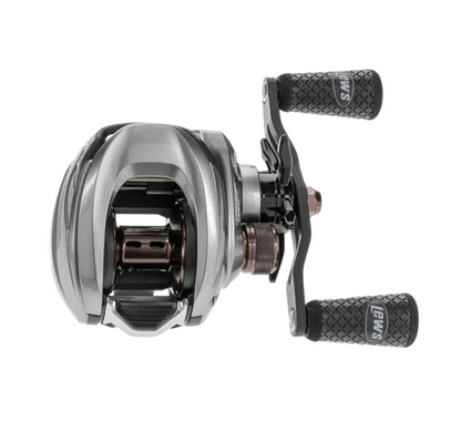 Fishing reel with black and silver design on a white background