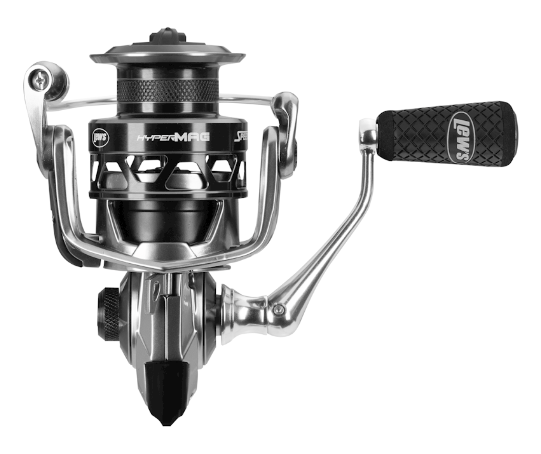 Spinning fishing reel with a white background