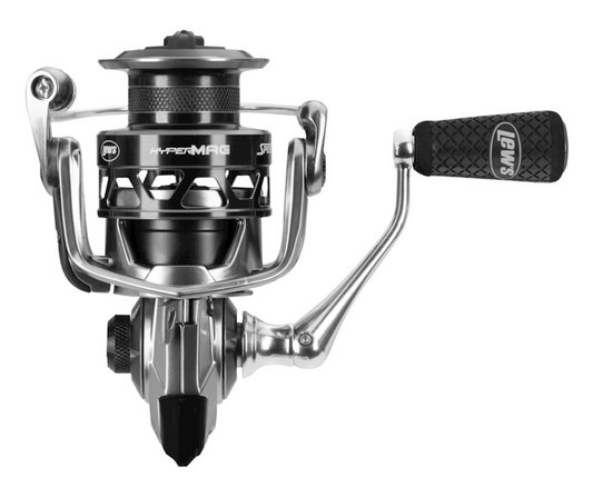 Spinning fishing reel with a white background