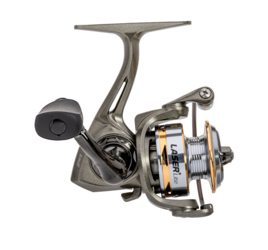 Fishing reel with 'Laser Lite' branding on a white background