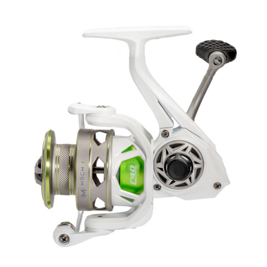 Fishing reel with white frame and green accents on a white background