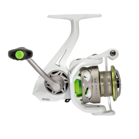 Fishing reel with white frame and green accents on a white background