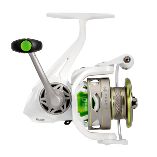 Fishing reel with white frame and green accents on a white background