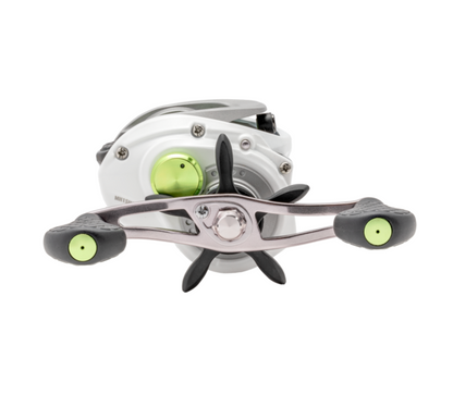 Fishing reel with black and green accents on a white background