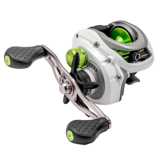 Fishing reel with black and green accents on a white background