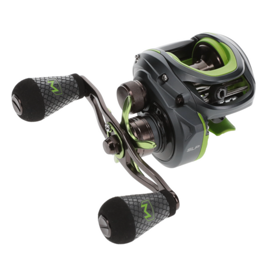 Fishing reel with black and green design on a white background