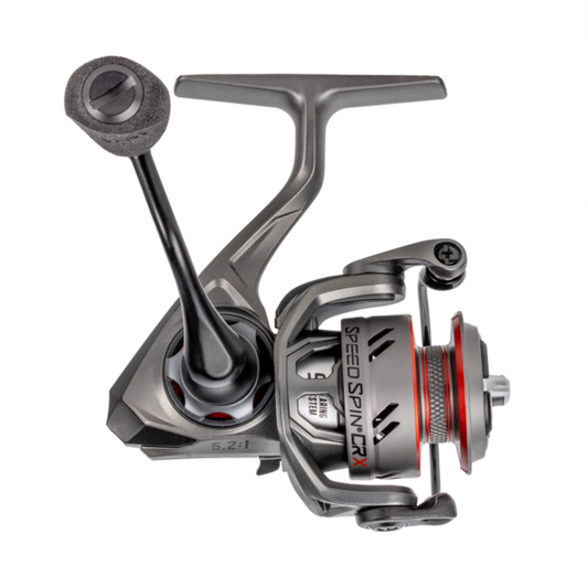 Fishing reel with 'Speed Spinner' branding on a white background