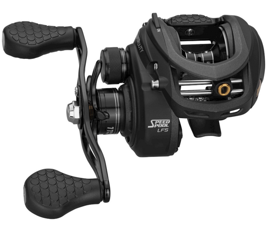 Black fishing reel with Speed Pool branding on a white background