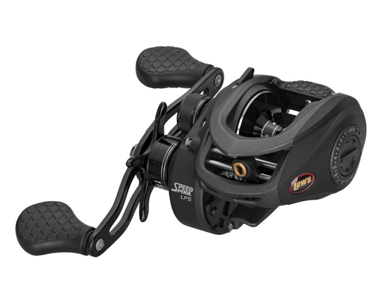 Black fishing reel on a white background