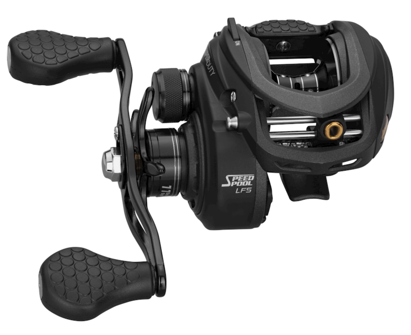 Black fishing reel with speed spool technology on a white background