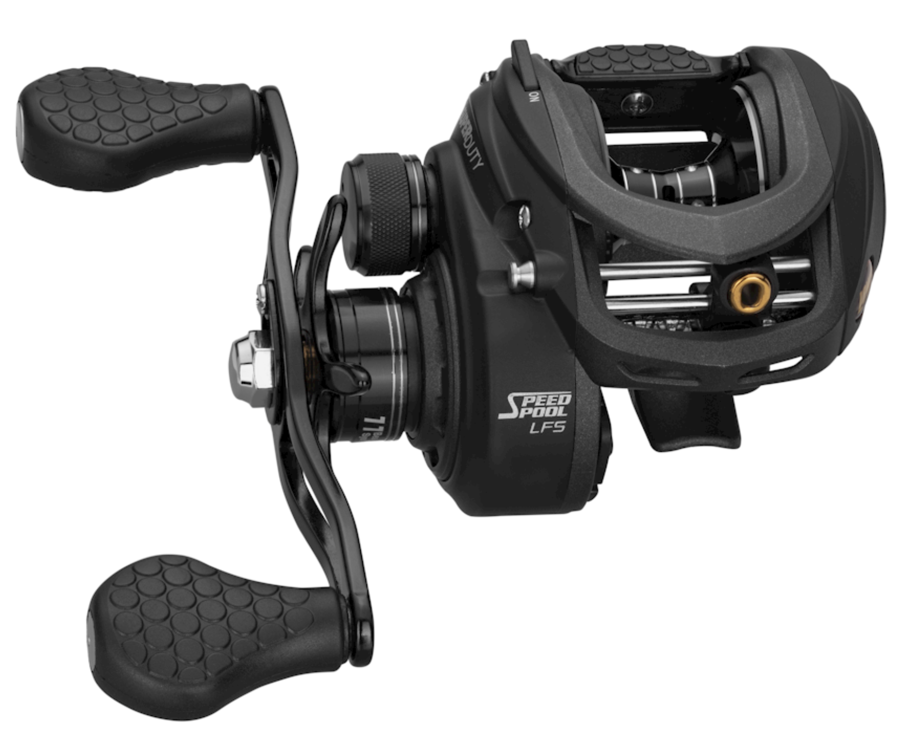 Black fishing reel with speed spool technology on a white background