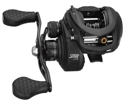 Black fishing reel with speed spool technology on a white background