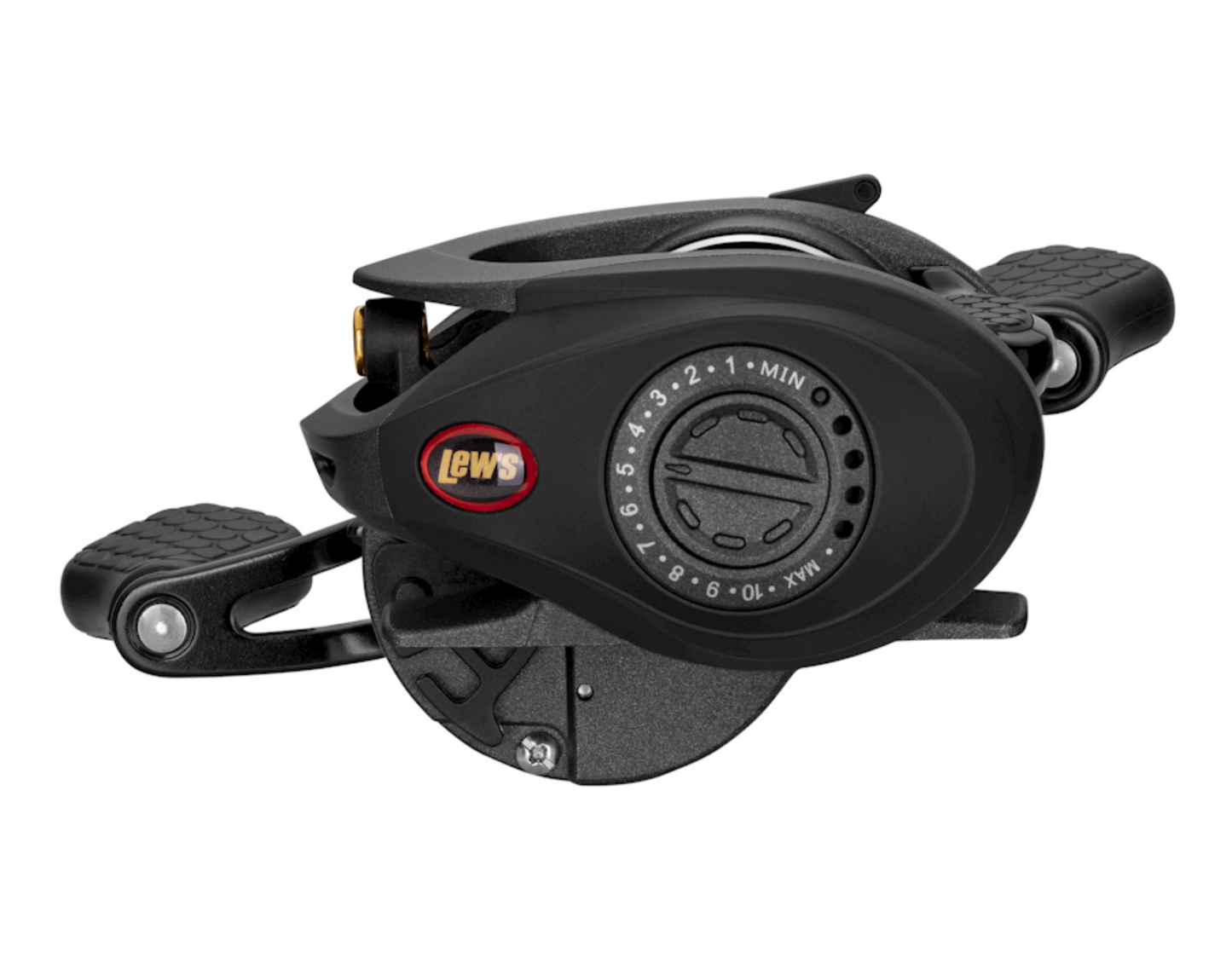 Black fishing reel with visible brand logo on a white background