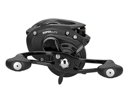 Black fishing reel with visible brand logo on a white background