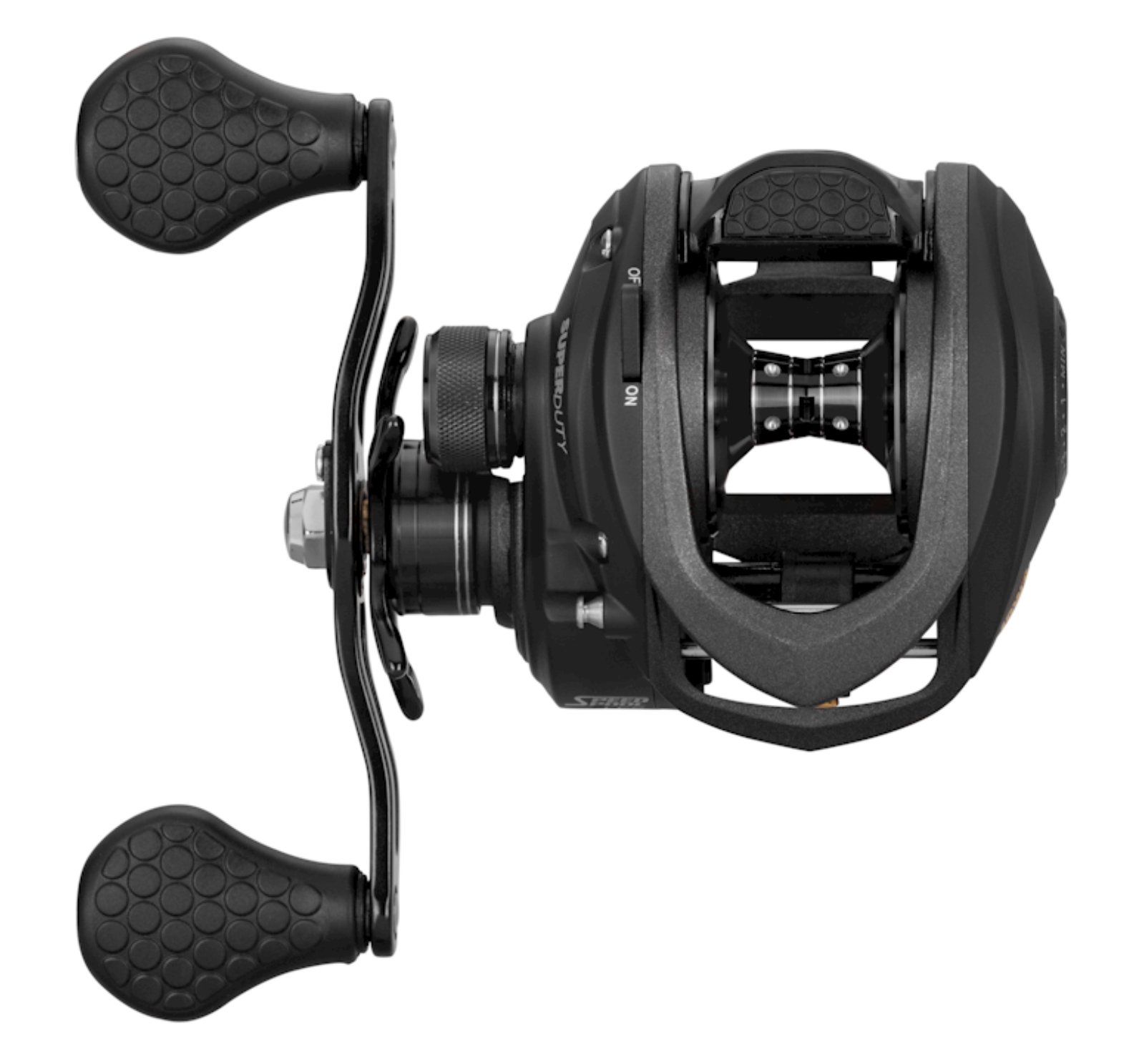 Black fishing reel with visible brand logo on a white background