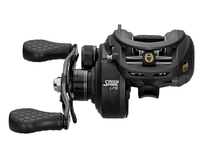 Black fishing reel with visible brand logo on a white background