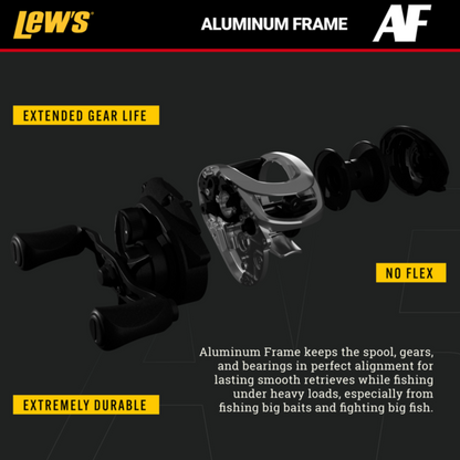 Black fishing reel with visible brand logo on a white background