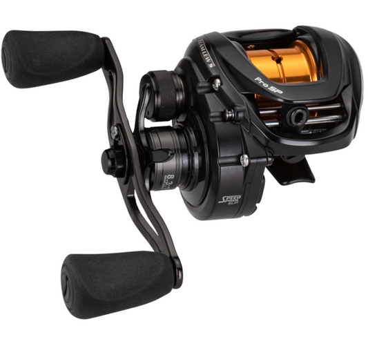 Black fishing reel with orange accents on a white background